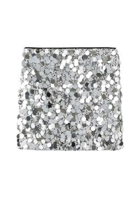 Silver sequined mini skirt with a loose, rectangular shape; features a sparkly texture and shiny circular pattern throughout.