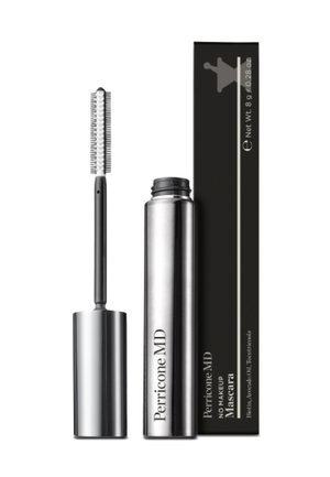 Perricone MD No Makeup Mascara mit silberner Tube, schwarzer Bürste und schwarzer Verpackung, die das Nettogewicht von 8 g und die Inhaltsstoffe zeigt.