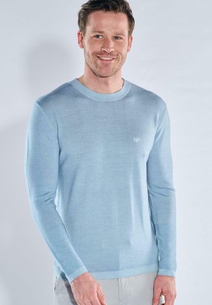 Smiling man wearing a light blue long-sleeve sweater and light gray pants, standing against a plain pale background.