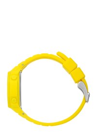 Orologio da polso in silicone giallo con cassa rotonda, due pulsanti e chiusura metallica. Texture liscia e cinturino flessibile, progettato per il comfort.