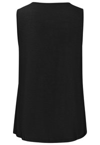 Schwarzes ärmelloses Oberteil mit rundem Halsausschnitt, aus weichem Stoff. Der Rücken hat ein einfaches Design mit leicht ausgestellter Form.