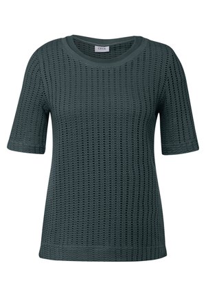 Haut en maille à manches courtes vert foncé avec un motif texturé et ajouré et un col côtelé. Coupe droite avec une coupe décontractée.