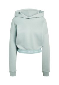 Svetlomodrá skrátená mikina s kapucňou vyrobená z mäkkého materiálu. Má dlhé rukávy a elastický pás so bielym logom "adidas".