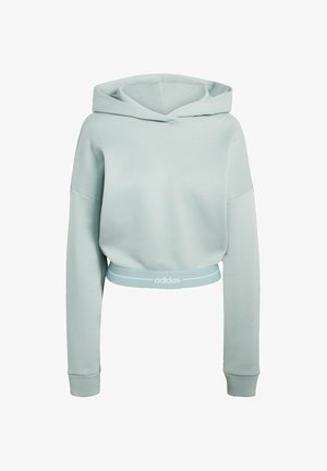 Sudadera corta con capucha de color azul claro, confeccionada en un tejido suave. Cuenta con mangas largas y una cintura elástica con el logo en blanco de "adidas".