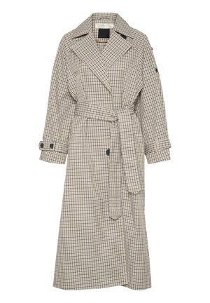 Beež ja tumesinine ruuduline trench coat suure kraega, vööpind ja nööpidega mansetid. Omab sirget lõiget ja pehmet kangasteksti.