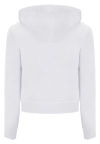 Felpa bianca con cappuccio, realizzata in un materiale morbido, con orlo e polsini aderenti, e un design semplice e pulito senza ulteriori motivi o dettagli.