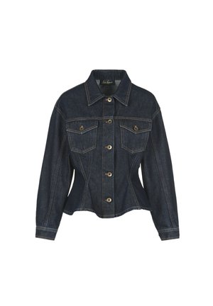 Dark blue denim jacket with a fitted design, two chest pockets, and a button closure. Features prominent stitching and a classic collar.