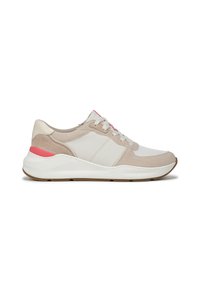 Sneaker beige e bianche realizzate in materiale scamosciato e mesh, con dettagli rosa, punta tonda e suola in gomma texturizzata.