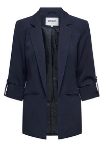Blazer bleu marine en tissu lisse, doté d'une fermeture à un bouton, de poches latérales et de manches retroussées avec liens de serrage.