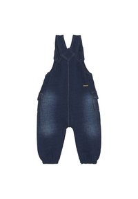 Donkerblauwe denim overall, voorzien van verstelbare banden, twee voorzakken en elastische manchetten. Versleten details op de benen.