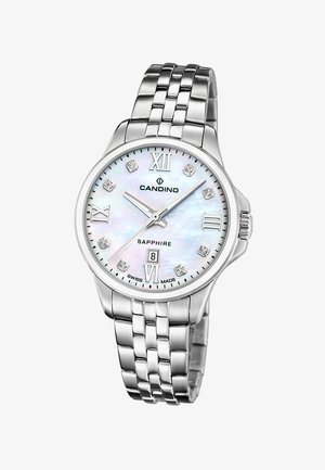 Silberner Edelstahl-Uhr mit rundem Zifferblatt, Perlmuttzifferblatt, römischen Ziffern und acht diamantbesetzten Akzenten. Verfügt über ein Saphirglas.