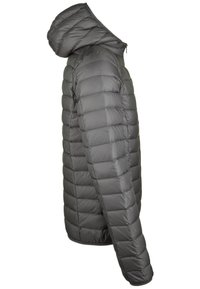 Doudoune gris avec capuche, présentant un design matelassé et un matériau léger. La couleur est uniforme sans motifs visibles.