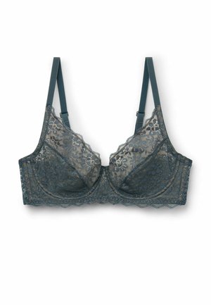 Soutien-gorge en dentelle gris foncé avec des bords festonnés, des bretelles ajustables et un motif floral. Texture douce avec un soutien à armature.