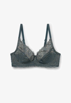 Kanten beha in donkergrijs met golvende randen, verstelbare bandjes en bloemenpatroon. Zachte textuur met steun dankzij beugels.