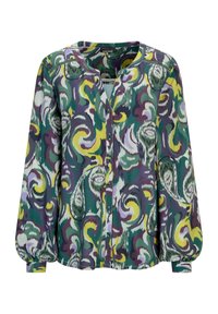 Langärmlige Bluse mit Knopfverschluss und gerafften Manschetten, die ein abstraktes Paisleymuster in grünen, gelben, lilanen und weißen Farbtönen zeigt.