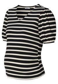 Sort-hvid stribede graviditetstop med korte pufærmer og V-hals i størrelse small.