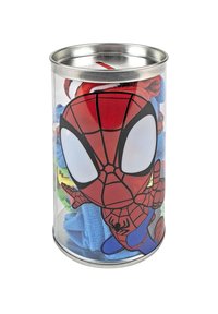 Contenitore cilindrico trasparente con coperchio di metallo, caratterizzato da un vivace design di Spiderman. Contiene calzini assortiti in vari colori.