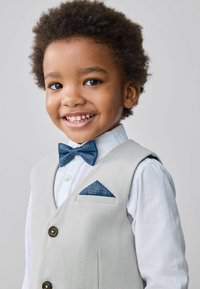Gilet grigio chiaro con due bottoni, camicia bianca sotto, cravatta a farfalla blu a fantasia e fazzoletto coordinato. Capelli corti e ricci.