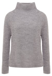 Grau-gestreifter Strickpullover aus Wolle mit langen Ärmeln und hohem Rollkragen, auf einem weißen Hintergrund präsentiert.