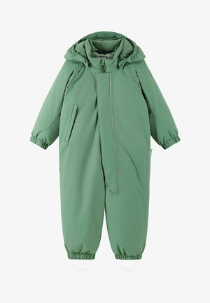 Green padded snowsuit with a hood, elastic cuffs, and reflective accents. Features side pockets and a front zip closure.