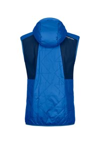 Blauer gepolsterter Weste mit Kapuze, die ein diamantgeplüschtes Design und dunkelblaue Seitenpaneele aufweist. Leicht, mit glatter Textur und ohne sichtbare Beschläge.