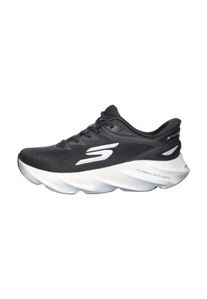 Black and white Skechers running shoe with thick white sole, lace-up design, and "S" logo on the side.