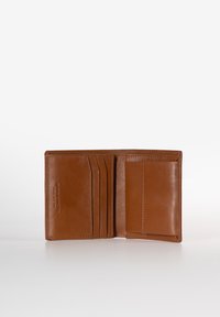 Brown leather wallet with multiple card slots and a pocket for cash or cards. Smooth texture, minimalist design, no visible logos.