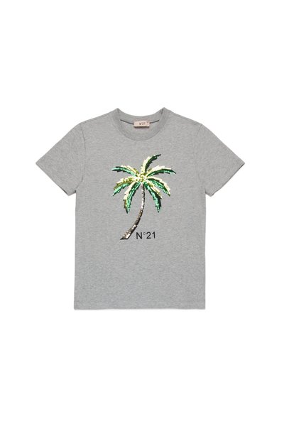 Camiseta de algodón gris con un diseño de palmera en lentejuelas en verde y dorado, con "N°21" impreso debajo del gráfico.