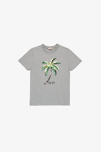 Γκρίζο βαμβακερό T-shirt με σχέδιο παλμαρίας από παγιέτες σε πράσινο και χρυσό, με το "N°21" τυπωμένο κάτω από το γραφικό.