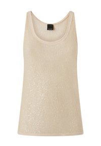 Bež majica na bretele od mrežaste tkanine s ukrasima od šljokica. Okrugli izrez i rub, s suptilnim sjajem i mekim teksturom.