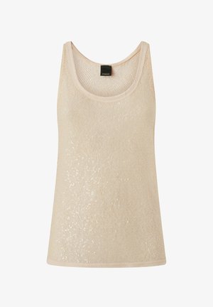 Top sin mangas de color beige fabricado en tejido de malla con adornos de lentejuelas. Escote y dobladillo redondeados, con un ligero brillo y una textura suave.