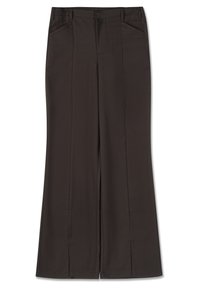 Hnědé kalhoty z hladkého materiálu, vybavené dvěma předními kapsami, se rovnými nohavicemi a jemnými předními sklady s bočními rozparky na lemu.