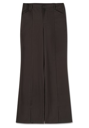 Pantaloni marroni in tessuto morbido, caratterizzati da due tasche frontali, un design a gamba dritta e sottili pieghe frontali con spacchi laterali all'orlo.