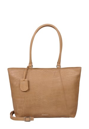 Borsa a tote in pelle con stampa a coccodrillo, di colore tan, dotata di due manici robusti, una chiusura zip sulla parte superiore e un'etichetta removibile. Presenta una base piatta per garantire stabilità.