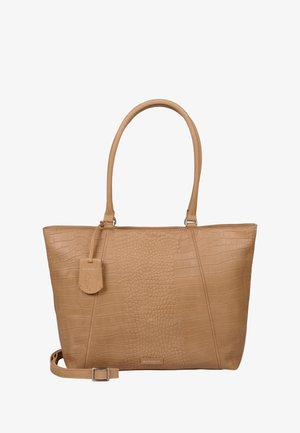 Sac fourre-tout en cuir embossé crocodile tan avec deux poignées robustes, un dessus zippé et une étiquette amovible. Dispose d'un fond plat pour plus de stabilité.