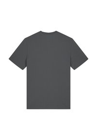 Donkergrijze katoenen t-shirt met korte mouwen, een ronde halslijn en een effen achterkant. Geen zichtbare patronen, logo's of extra accenten.