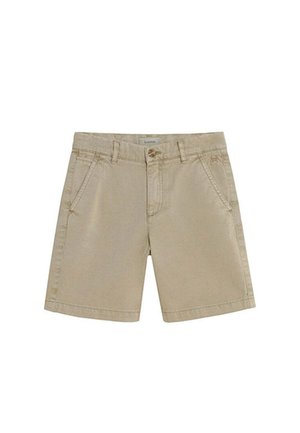 Pantalones cortos beige casuales hasta la rodilla con botón frontal y cremallera, trabillas para cinturón y dos bolsillos delanteros.