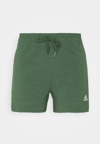 Pantalones cortos deportivos de color verde oscuro con cintura elástica, cierre de cordón y pequeño logotipo blanco en la parte inferior derecha. Tejido suave.