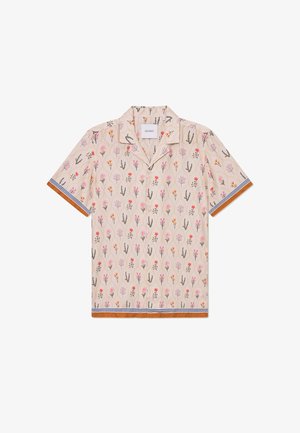 Kratki rukav u boji bež s cvjetnim uzorkom, s ilustracijama u ružičastoj, narančastoj i zelenoj boji. Naglašen prugastim plavim i smeškim rubovima.