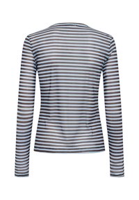 Chemise à manches longues avec des rayures horizontales bleu clair et brun foncé, vue de dos sur fond blanc.
