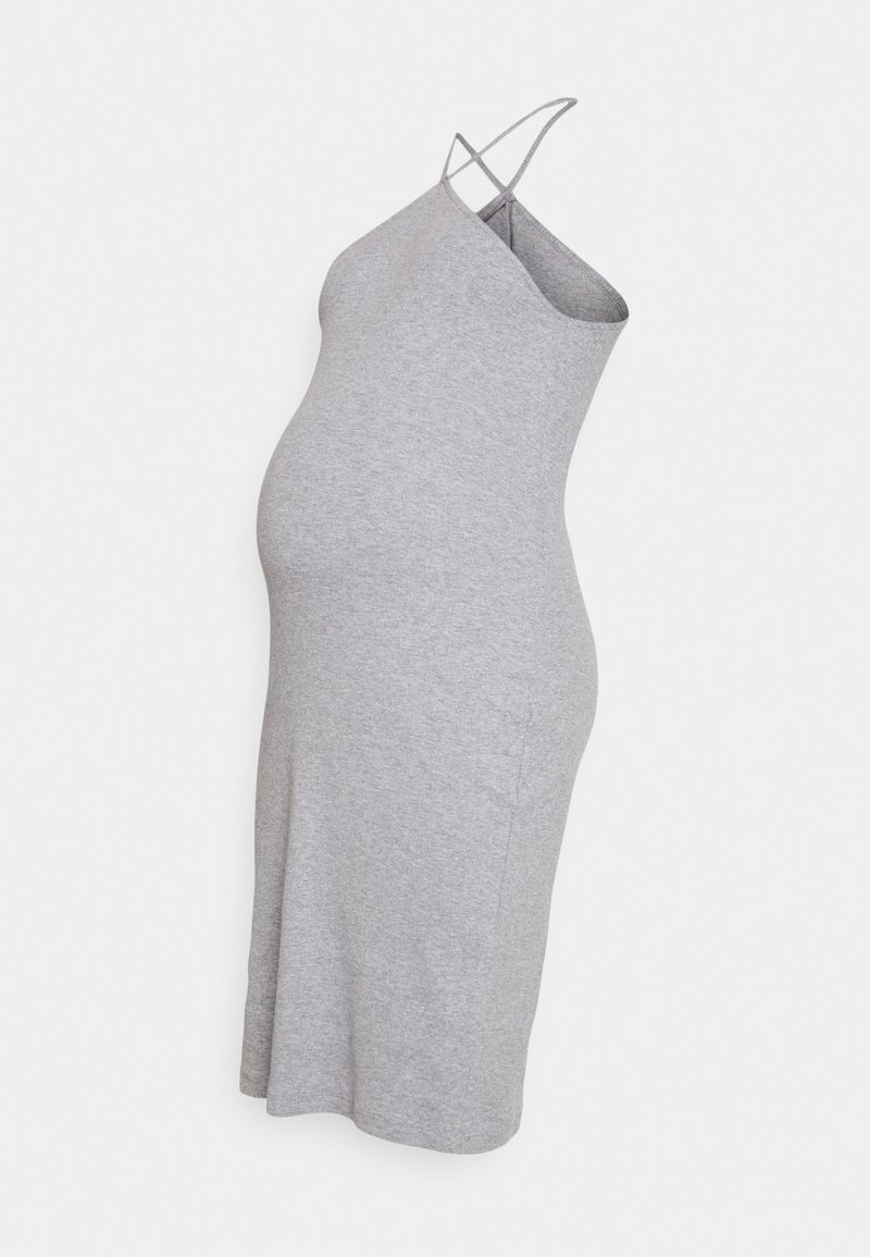 Vestido de maternidade cinza feito de um tecido suave, com uma silhueta ajustada e alças cruzadas ajustáveis, com comprimento até à metade da coxa.