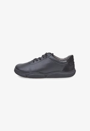 Black leather sneakers with a smooth texture, round toe, lace-up design, and a padded ankle; features a rubber sole with ribbed accents.