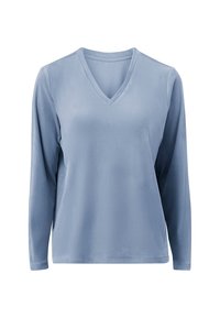 Lange mouwen, lichtblauw V-hals shirt gemaakt van soepel stof met een relaxte fit en geen zichtbare patronen of accenten.