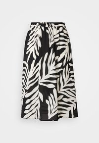 Jupe noire avec motif de feuilles blanches, ceinture élastique, tissu fluide, design jusqu'aux genoux et léger éclat.