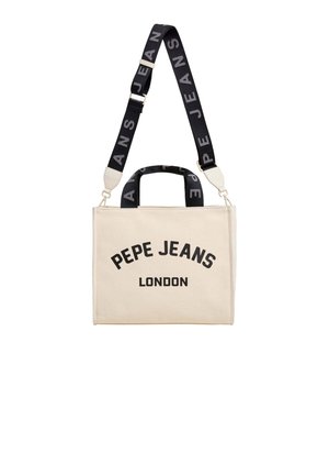 Sac en toile beige avec le logo noir "PEPE JEANS LONDON", doté de deux poignées et d'une bandoulière noire réglable avec un motif de logo.