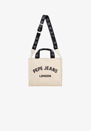 Sac en toile beige avec le logo noir "PEPE JEANS LONDON", doté de deux poignées et d'une bandoulière noire réglable avec un motif de logo.
