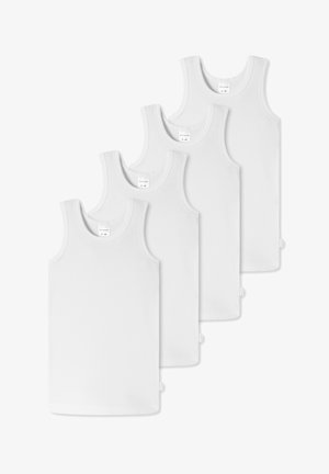 Four plain white sleeveless undershirts arranged in a staggered vertical row on a white background.
