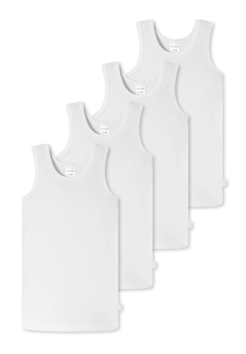 Cztery gładkie białe bezrękawniki ułożone w przesuniętym pionowym rzędzie na białym tle.