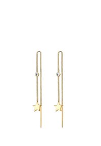 Pendientes de oro colgantes con un charm de estrella y un acento cónico, con una pequeña gema clara para un detalle adicional.
