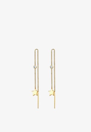 Cercei din aur, cu charm în formă de stea și un accent conic, având o mică piatră transparentă pentru un detaliu suplimentar.